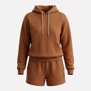 Conjunto de 2 Piezas para Mujer, Sudadera con Capucha y Pantalones Cortos, Color Sólido, Felpa, Corte Holgado Informal, Largo por Encima de la Rodilla, Manga Larga - Product Image 1