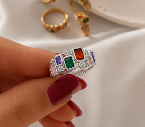 Geometric Multicolor Gemstone <b>Ring</b> 925 <b>Silver</b> Plated <b>Cubic</b> <b>Zirconia</b> Emerald Cut Modern Style Unisex Daily Wear - Product Image 2