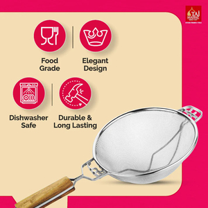 Nouvel arrivage : Écumoire à fil plat SS avec manche en bois et maille renforcée – Ustensile de cuisine, cuillère écumoire - Product Image 4