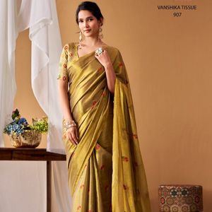 Premium South Indian <b>Tissue</b> Silk Saree with Floral Weaving And Designer Pallu <b>Wedding</b> And Festive Wear By Royal Export - Product Image 3