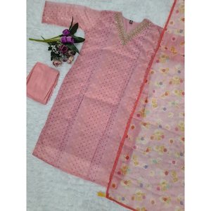 FANCY ORGANZA DIGITAL IMPRESO BORDADO TRABAJO FONDO SUPERIOR CON DUPATTA ROSA - Product Image 3