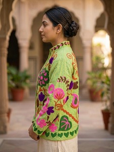 Traditional Light Green Suzani Jacket <b>for</b> <b>Women</b> Handmade TNT Fabric Colorful Floral Embroidered Ethnic Boho Fashion <b>Coat</b> - Product Image 3