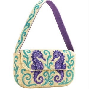 Beaded Palm Tree Shoulder Bag Bohemian Style Single Strap Zipper Closure Blue Women's <b>Handbag</b> <b>Summer</b> Daily Use - Product Image 2