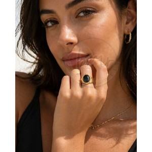 Gold Plated Hammered Texture <b>Statement</b> <b>Ring</b> with Black Onyx Stone Adjustable Handmade Cocktail <b>Ring</b> for Women - Product Image 2