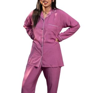 Conjunto de pijama de satén rosa malva para mujer, camisa de manga larga con botones, pantalones a juego con ribetes en contraste, ropa de dormir elegante, ropa de estar por casa, OEM - Product Image 5
