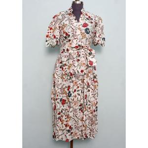 Floral Printed Cotton Shirt Dress Women Midi Length Short Sleeve Turn-down Collar Loose Casual Daily Wear Breathable - Product Image 1