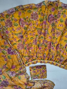 <b>Women</b> Mustard Yellow Floral Print 100% Silk <b>Short</b> Top Lehenga Choli <b>Set</b> with Dupatta Sequins Mirror Work Embroidery 3 Piece - Product Image 6