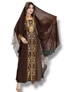 Awais House Brown Embroidered Polyester Plus Size Abaya Long Sleeve Floor Length Solid Elegant Wedding Dress Women Traditional - Product Image 1