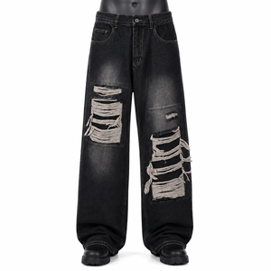 Jeans noirs déchirés pour homme, coupe large, style streetwear, patchwork, coupe ample - Product Image 1