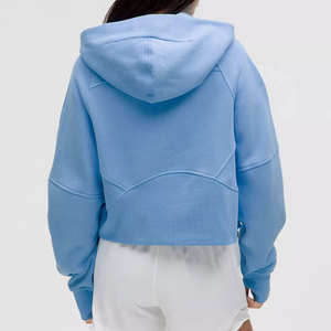 Sweat-shirt à capuche zippé pour femme, couleur unie, manches longues, tricoté, respirant, pour l'automne, coupe courte, coupe classique - Product Image 3