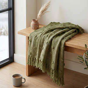 Jeté de lit en coton tissé de qualité supérieure 50x60 pouces, toucher doux, couverture texturée, housse de canapé artisanale à franges - Product Image 1