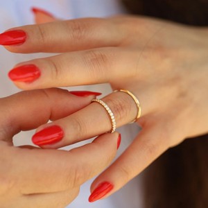 Double Bands for Women Classic Wedding <b>Ring</b> <b>Set</b> Two Solid 14K Yellow <b>Gold</b> Rose <b>Gold</b> 1 Plain Band 1 Half Eternity Moissanite Band - Product Image 1
