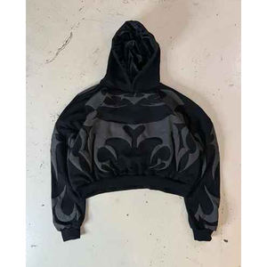 เสื้อฮู้ดดี้พิมพ์ลายนูนสีดำแบบกำหนดเอง ทรงโอเวอร์ไซส์ สไตล์สตรีทแวร์ แบบครอป ผ้าฝ้ายฟลีซ 100% รับผลิตตามสั่ง ขายส่ง - Product Image 1