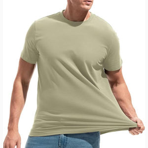 T-shirt à manches courtes pour homme, vert olive, col rond, coupe classique, jersey décontracté en coton respirant, couleur unie - Product Image 1