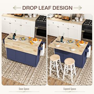 Isola da Cucina Blu Regolabile su Ruote, Carrello da Cucina Portatile con Piano in Legno, Stazione di Ricarica, Isola da Cucina con Piano Ribaltabile - Product Image 4