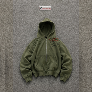 Sweat à capuche zippé décontracté olive coupe oversize, imprimé étoiles géométriques, veste polaire décontractée, coupe régulière, pour l'automne, légère, chaude et confortable - Product Image 5