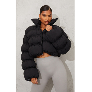 Women's Black Quilted Puffer Jacket Full Sleeve Stand Collar Zipper Closure <b>Thick</b> <b>Winter</b> <b>Coat</b> Solid Color Short Length - Product Image 5