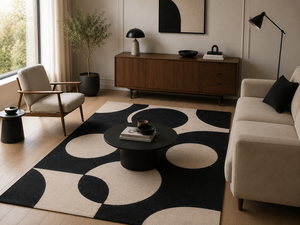 Alfombra de Lana Hecha a Mano Personalizada, Estilo Moderno Bauhaus, Círculos Geométricos, Color Negro Crema, Alfombra de Mediados de Siglo para Sala de Estar, Alfombra OEM - Product Image 2