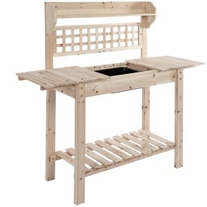 Panca da Giardino in Legno Naturale con Vano Portaoggetti e Tavolo da Lavoro - Product Image 1