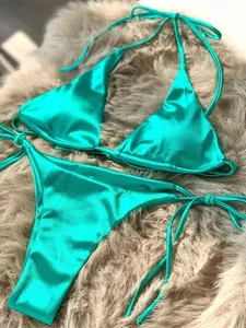 Ensemble bikini sexy pour femme, haut triangle à nouer, bas string, deux pièces, couleur unie, extensible, séchage rapide, plissé, maillot de bain pour vacances à la plage - Product Image 3