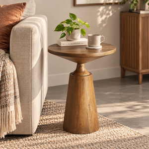 Mango Wood Round Side <b>Table</b> Sculptural Pedestal Base Modern Accent <b>Table</b> Living Room <b>Sofa</b> <b>End</b> <b>Table</b> Contemporary Home Furniture - Product Image 2