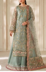 Robe de mariée pakistanaise brodée de couleur turquoise, longue jusqu'au sol, style Shalwar Kameez - Product Image 4
