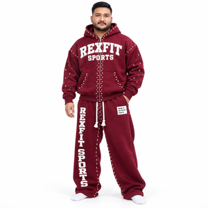 Hooded Tracksuit Heavy Fleece Zip <b>Jacket</b> Wide Leg Pants Applique Streetwear Set full Custom for mens French terry new design - Product Image 2