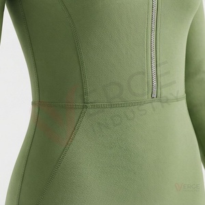 Mono de yoga de cuerpo entero verde liso para mujer, manga larga, cierre de cremallera, cuello alto - Product Image 5