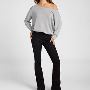 Premium Winter Sorority Shoulder Grey Wool Knit Lined Sweatshirt Relaxed Fit Asymmetrical Neck Long Sleeve Casual Women's <b>Top</b> - Product Image 1