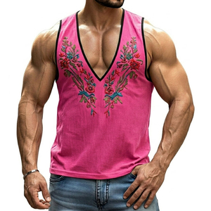 Débardeur Homme Slim Fit Col V Profond Personnalisé Broderie Florale Sans Manches Style Streetwear Tendance Vente en Gros OEM - Product Image 2