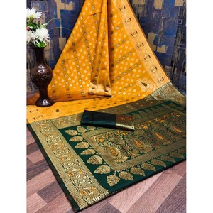 DISEÑADOR KANCHIPURAM PLATA ZARI TRABAJO SAREE CON BLUSA AMARILLO - Product Image 1
