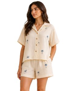 Ensemble de pyjama pour femmes personnalisé, imprimé beige, manches courtes, boutonné, vêtements de nuit doux et respirants, vêtements de détente décontractés pour l'été - Product Image 1