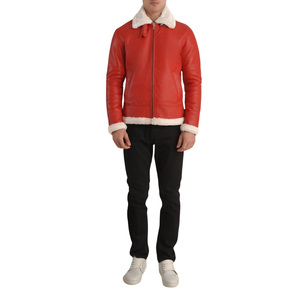 Veste en cuir rouge pour homme, doublée de fourrure Sherpa, col rabattu, fermeture éclair, manteau d'hiver vintage - Product Image 1