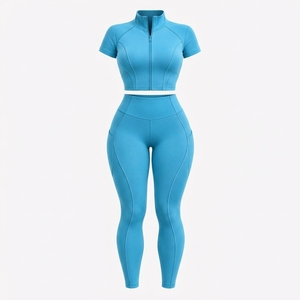 <b>Womens</b> Blue Zip Up Yoga Set <b>Short</b> Sleeve Crop Top High Waist Pocket <b>Leggings</b> Gym Fitness Workout Activewear Two Piece Set - Product Image 1