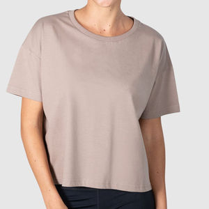เสื้อยืดกอล์ฟแขนสั้นคอกลมสีเบจสำหรับผู้หญิง ผ้าฝ้าย 100% สวมใส่สบาย สีพื้น ผ้าถัก ระบายอากาศได้ดี - Product Image 5