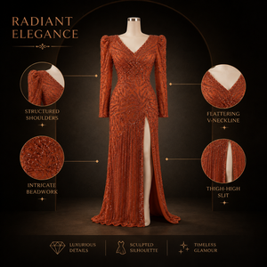 Luxury Modern for <b>Sequin</b> Natural Waistline Evening Gown Women Long Sleeve V Neck Formal Party Beaded Maxi Wedding Prom Dress - Product Image 5