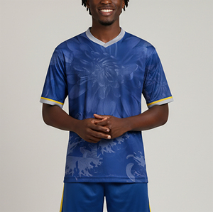 Camiseta de Fútbol Azul con Cuello en V para Hombre, de Alta Calidad, Manga Corta, Absorbe la Humedad, con Estampado Floral Sublimado, Ropa Deportiva para Adultos, 2026 - Product Image 3