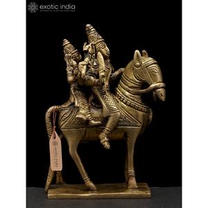 5-Inch Handmade Brass Sculpture of <b>Shiva</b>-Parvati Astraide a Horse Made in India Brass <b>Statue</b> for Home and Temple - Product Image 1