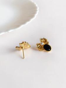 New Arrival Gold Plated Bow <b>Stud</b> Earrings with Black Teardrop Stone & Pearl Anti Tarnish Accent Wedding Daily Wear By Exima - Product Image 6