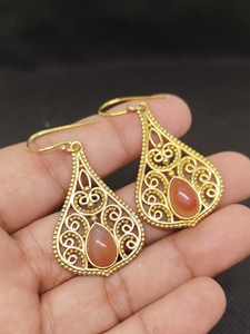 Gold-Plated Carnelian Drop Earrings Bohemian Natural Gemstone Pear -Shaped Women's Jewelry Perfections <b>Indian</b> Brass - Product Image 2