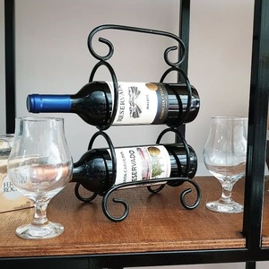 Freestanding Black Metal Wine <b>Holder</b> with Integrated <b>Glass</b> Hangers Curled Feet and Central Bottle Support for <b>Bar</b> Decor - Product Image 4
