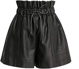 Shorts en similicuir taille haute pour femmes avec cordon de serrage, plissés, couleur unie, style décontracté, à porter toute l'année - Product Image 1