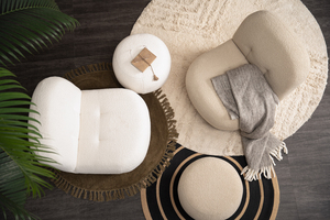 Modern Brown Beige Fabric Pouf Ottoman with Cocoa Malaysian Oak Legs Mid Century Rustic Footstool for Modern Apartment - Product Image 5