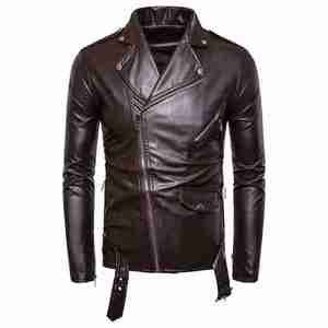 Blouson moto en cuir marron pour homme, col montant, fermeture éclair, coupe ajustée, manches classiques, couleur unie, idéal pour l'automne - Product Image 5