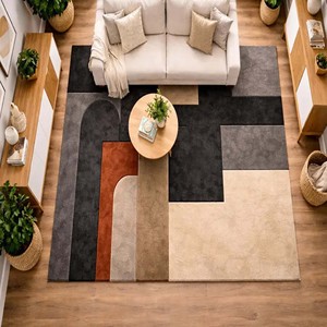 Modern geometric area rug Hand Tufted Rug neutral brown grey blocks design carpet for living room office bedroom decor soft rug - Product Image 1