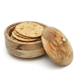 Boîte à chapati en bois de manguier de qualité supérieure avec couvercle à bouton, ronde, pour servir et conserver les aliments sur la table de cuisine ou de salle à manger – Tendance actuelle - Product Image 1