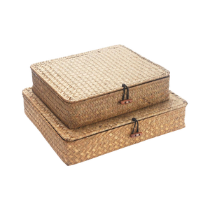 Ensemble de 2 paniers de rangement tressés en jonc de mer rustique, écologiques et de haute qualité, avec couvercle, couleur personnalisable, multi-usages pour la maison - Product Image 1