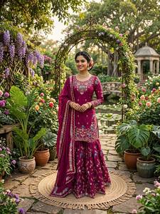 Ensemble de robe Anarkali en soie JMC pour femmes, avec pantalon Sharara, pour les occasions spéciales - Product Image 3