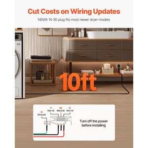 Cable de alimentación para secadora de 10 pies, 4 clavijas NEMA 14-30P, conectores de ojal para secadora, 125V/250V SDRT 10AWG/4C 30A - Product Image 4