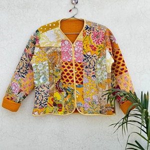 Chaqueta Acolchada de Algodón Personalizada para Mujer, Chaqueta de Retazos con Estampado Floral, Cárdigan Acolchado de Manga Larga, Prenda Exterior Ecológica - Product Image 1